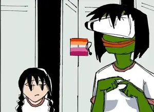 pepe, anime, black eyes, black hair, bulging eyes, closed mouth, drawn background, female, front view, green skin