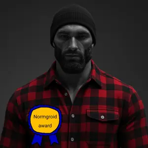 gigachad, award, beanie, black beanie, buff, closed mouth, clothes, flannel, front view, gray skin