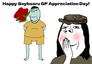 gapejak, female gapejak, femjak, 2soyjaks, black eyes, black hair, black text, blush, brown shirt, camo