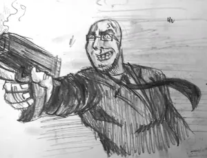 poison, cobson, 1soyjak, bald, black hair, chubby, clothes, drawing, glasses, gun