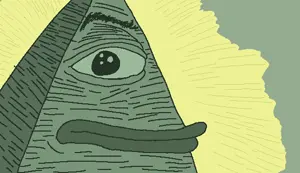 pepe, 1 eye, all seeing eye, amphibian, angry, animal, bald, black eyes, closed mouth, conspiracy