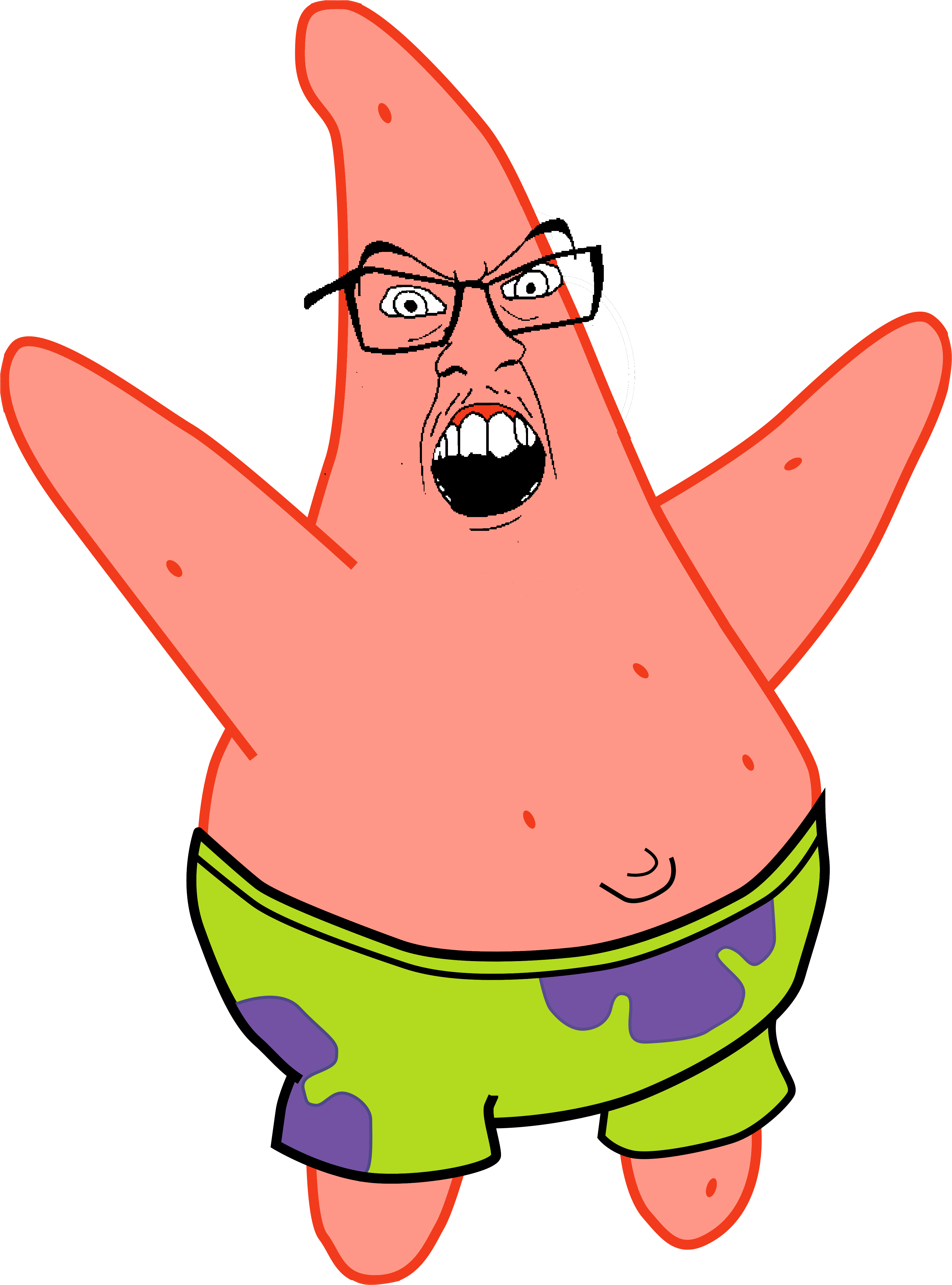 patrick star, feraljak, 1soyjak, angry, anthropomorphism, arms up, belly, belly button, big belly, black eyes