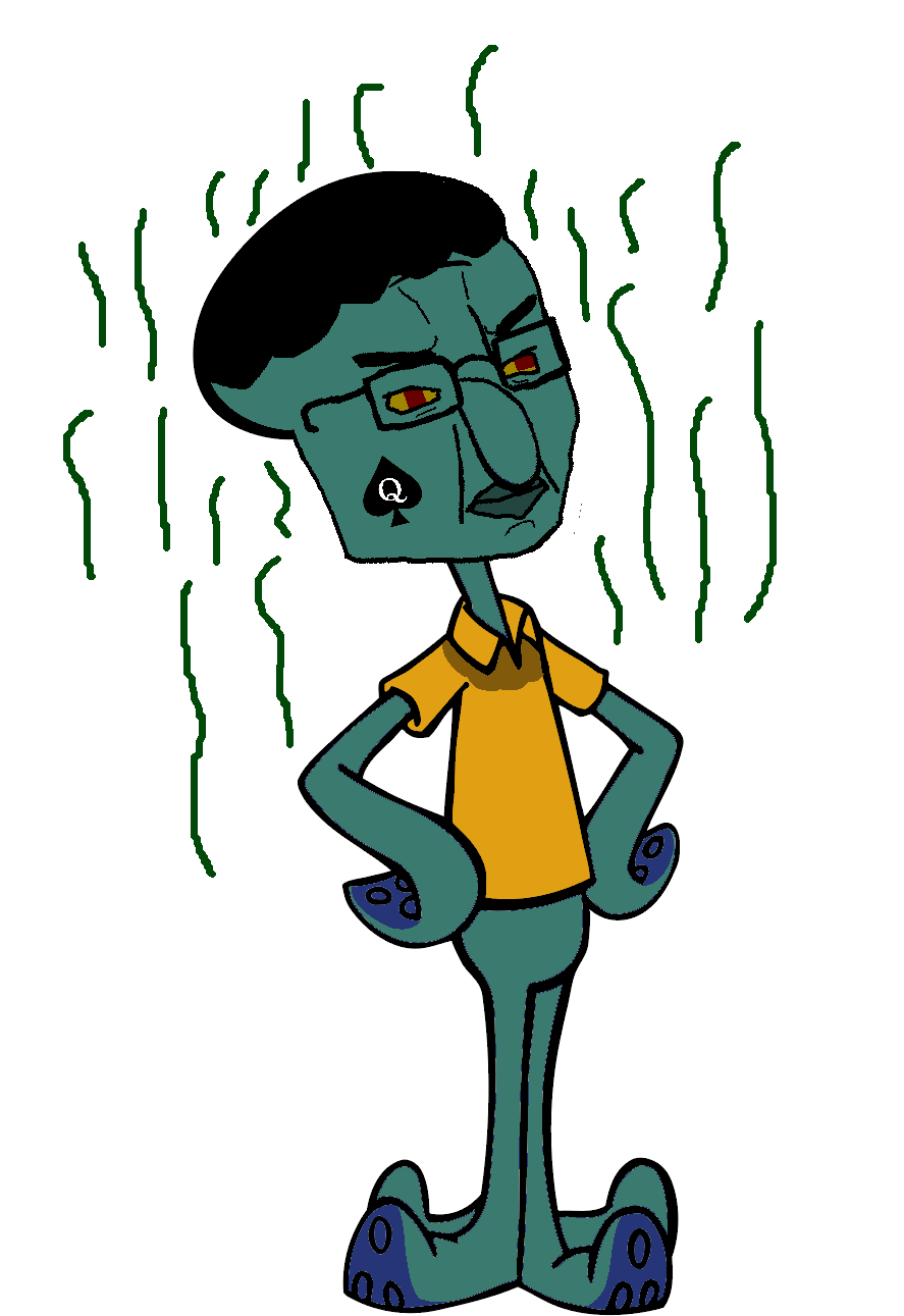 squidward tentacles, chudjak, squidchud tentacoals, 1soyjak, angry, big nose, black hair, cartoon, cephalopod, closed mouth