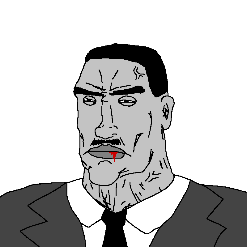 chudjak, perceptive chud, 1soyjak, anglo, black eyes, black hair, black tie, blood, blood from mouth, buff