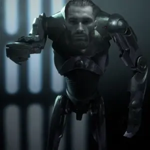 gigachad, b2 super battle droid, beard, black eyes, black hair, closed mouth, explosion, front view, gray skin, hair