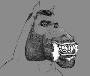 gigachad, animal, animal ears, beard, black eyes, black hair, chiseled jawline, closed mouth, foaming at the mouth, gray