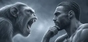 gigachad, monkeyjak, angry, animal, beard, black hair, buff, closed mouth, gray background, grayscale