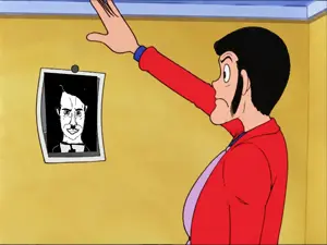 lupin iii, chudjak, chudjak front, adolf hitler, black eyes, black hair, drawn background, ears, front view, hair