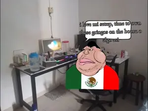 meximutt, 1soyjak, black hair, brown skin, computer, gringo, hair, irl background, no beard, no glasses