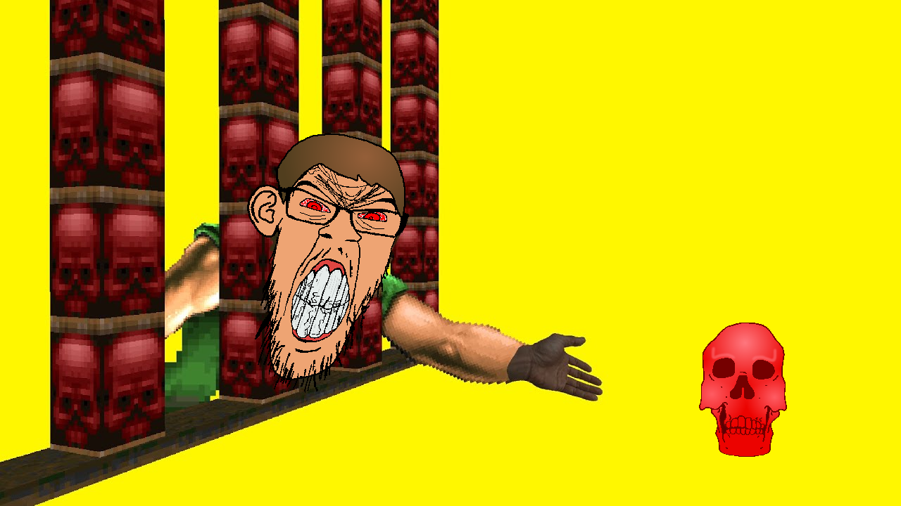 doom guy, feraljak, markiplier soyjak, feralrage, neutralplier, skeletonjak, 2soyjaks, bald, bloodshot eyes, bone