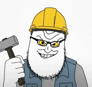 syndromejak, clothes, construction hat, eyes, glasses, hammer, hard hat, hat, holding object, open eyes