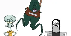 smoke (mortal kombat), squidward tentacles, a24 slowburn soyjak, disgusting trevorcreature, hanging namefags, 2soyjaks, aaaaaack, ack, angry, animal