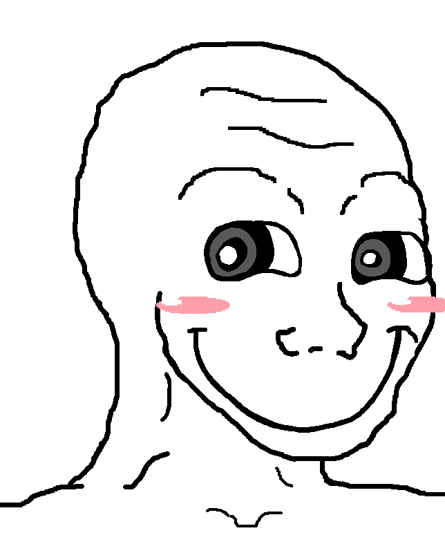 wojak, soyak, doctos, soyak (cheeky), bald, cheeky, cheeky smile, closed mouth, front view, looking to the left