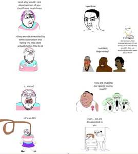 bernd, chudjak, feraljak, gapejak, markiplier soyjak, meximutt, pajeetjak, smugjak, tony soprano soyjak, feralnigger