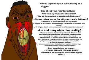 feraljak, feralnigger, feralrage, 1soyjak, afro, angry, angry eyebrows, black text, blood, blood on face
