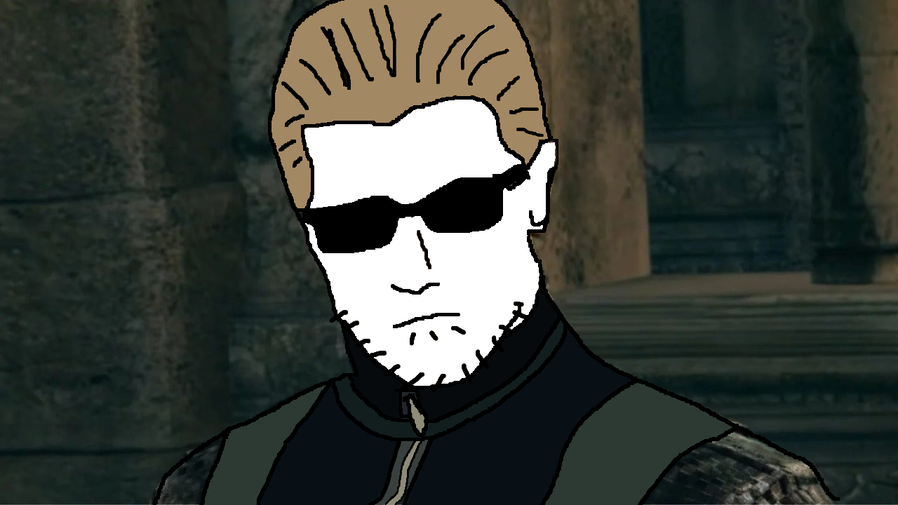 albert wesker, albert wesker, unknown, 1soyjak, blonde hair, brapped comment section☣️☣️☣️ do not enter☣️☣️☣️, closed mouth, clothes, covered eyes, ear