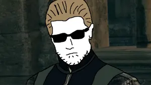 albert wesker, albert wesker, unknown, 1soyjak, blonde hair, brapped comment section☣️☣️☣️ do not enter☣️☣️☣️, closed mouth, clothes, covered eyes, ear