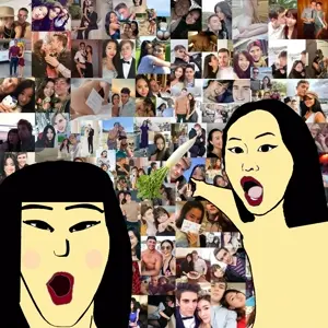 two pointing soyjaks, femjak, 2soyjaks, asian, black eyes, bwc, female, food, hair, interracial