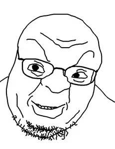 calvin, 1soyjak, angry, bald, black eyes, closed mouth, fat, glasses, looking at you, looking to the left