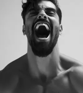 gigachad, gigayell, 1nas, beard, black hair, buff, ear, front view, gray skin, hahahaahahahahahaahahaha