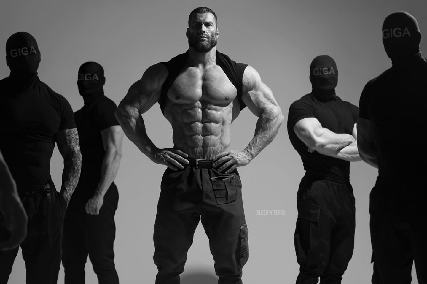 gigachad, classic gigas, 5nas, almost full body, beard, black hair, buff, closed mouth, clothed, clothes