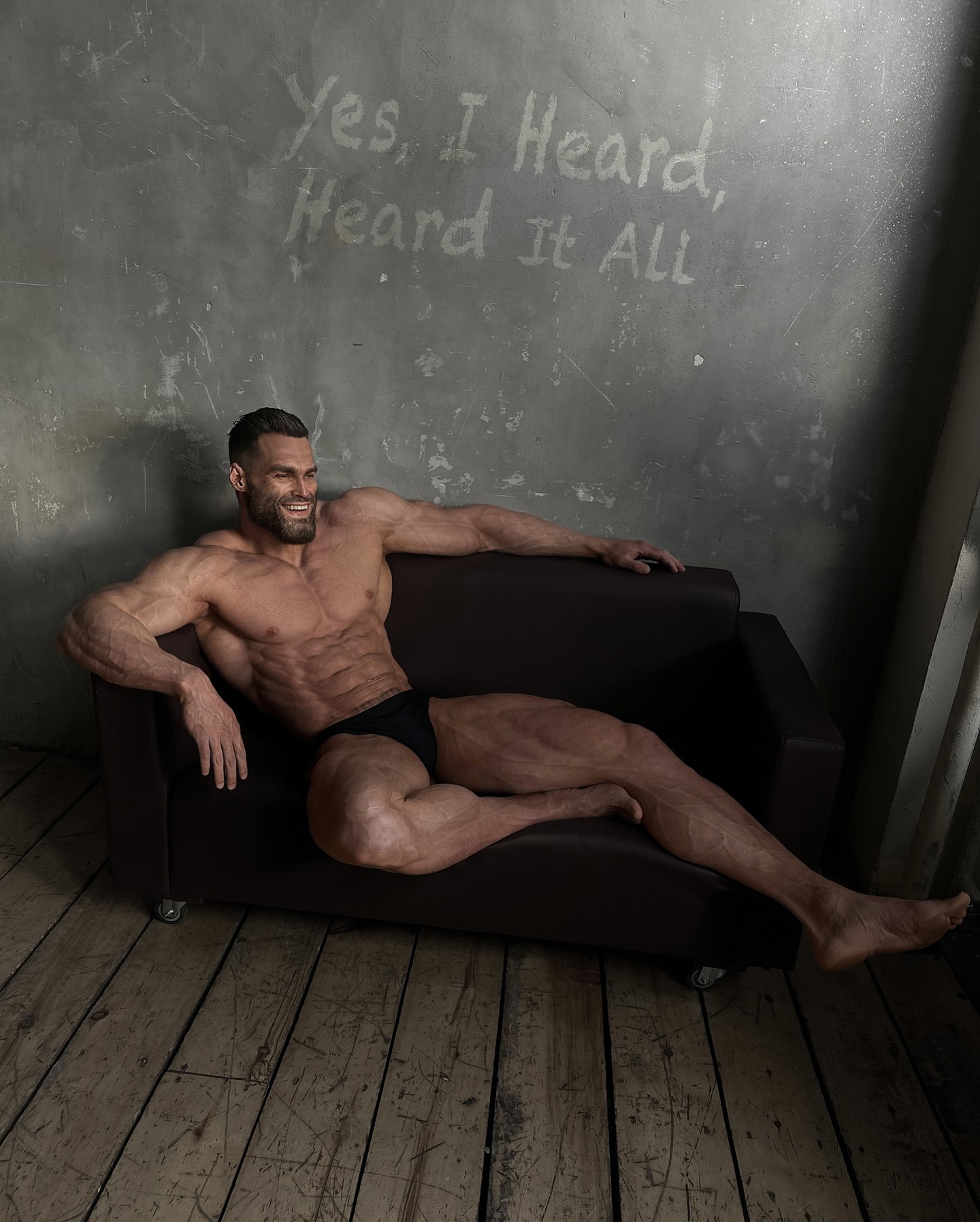 gigachad, 1nas, beard, black hair, buff, chair, couch, ernest khalimov, full body, hair