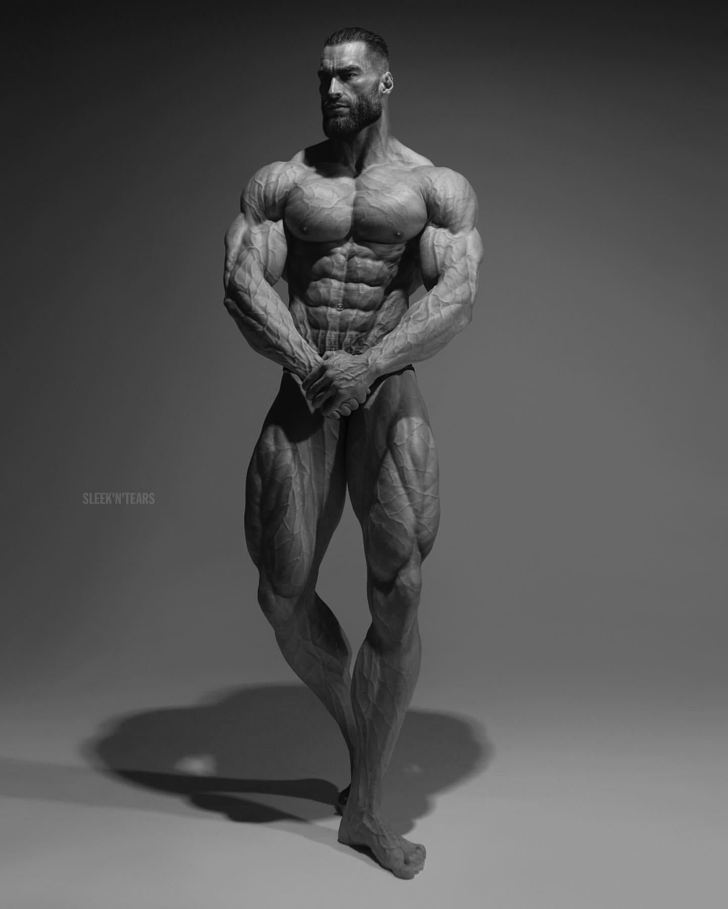 gigachad, classic gigas, 1nas, beard, black hair, buff, closed mouth, ernest khalimov, full body, gray skin
