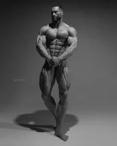 gigachad, classic gigas, 1nas, beard, black hair, buff, closed mouth, ernest khalimov, full body, gray skin