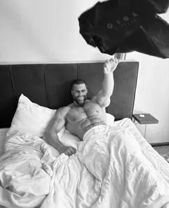 gigachad, classic gigas, 1nas, abs, arm, beard, bed, bedroom, black hair, blanket