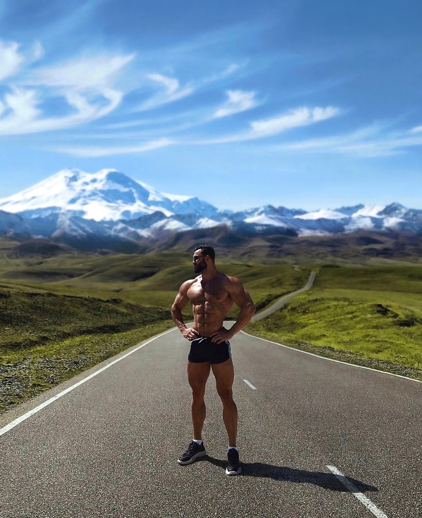 gigachad, 1nas, beard, black hair, blue sky, buff, closed mouth, clothes, cloud, clouds