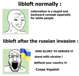 wojak, markiplier soyjak, flag, glasses, libleft, meme, open mouth, political compass, russo ukrainian war, smug