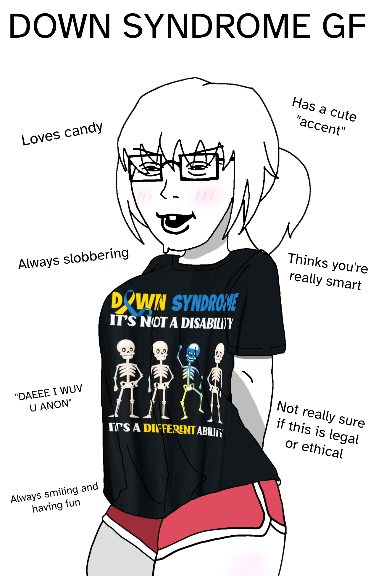 soyak, vlodson, soygirl, femjak, soygirlfriend, 1soyjak, almost full body, black eyes, blush, breasts