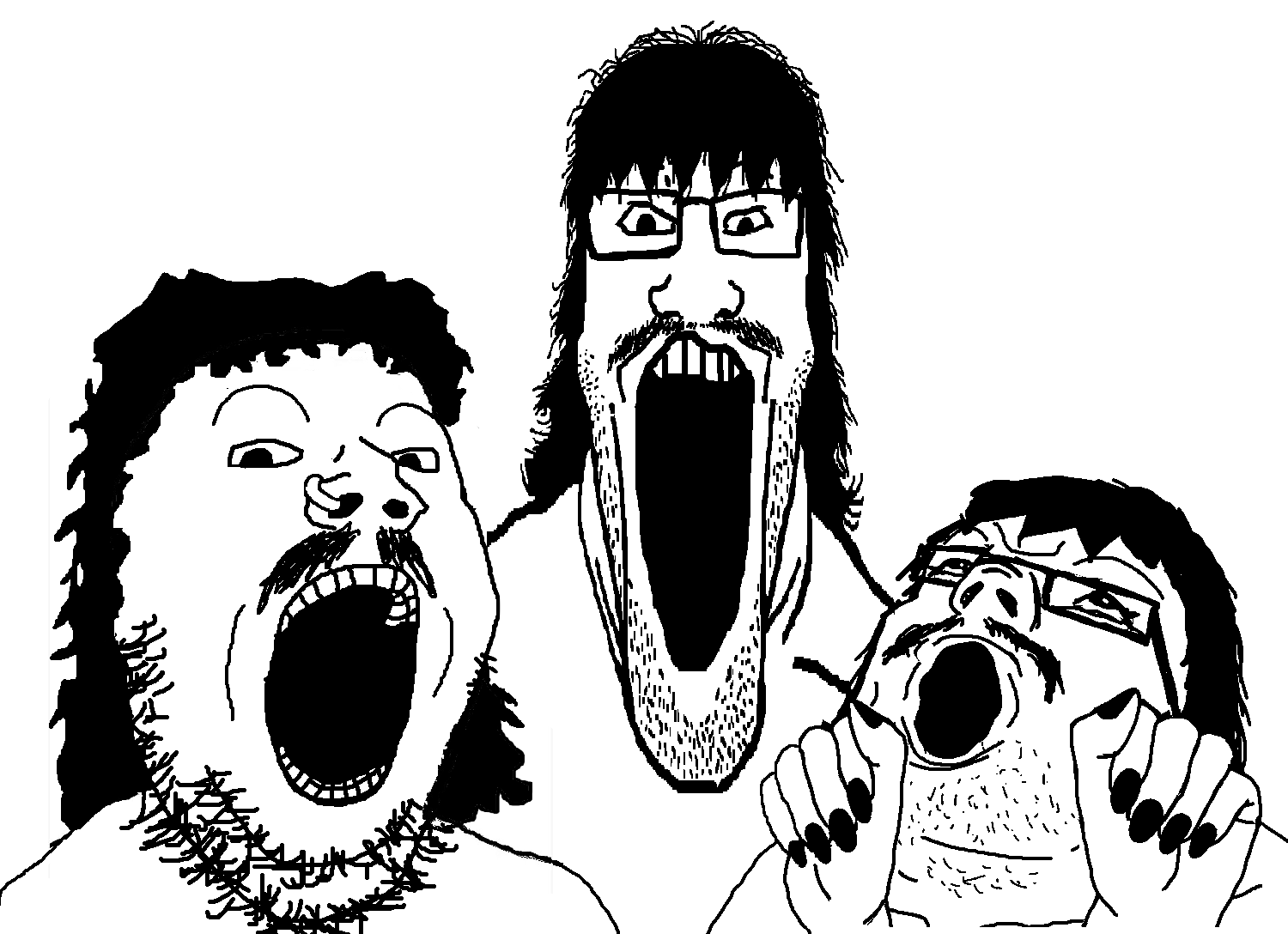 gapejak, markiplier soyjak, tony soprano soyjak, longplier, soyjak trio, 3soyjaks, black hair, gaping mouth, glasses, hair