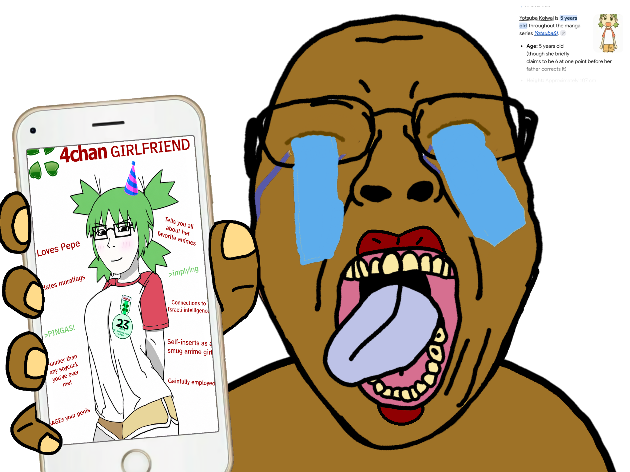 yotsuba koiwai, bernd, jartycuck, soygirlfriend, showing phone, 😭💢, 2soyjaks, 4chan, ack, anger mark