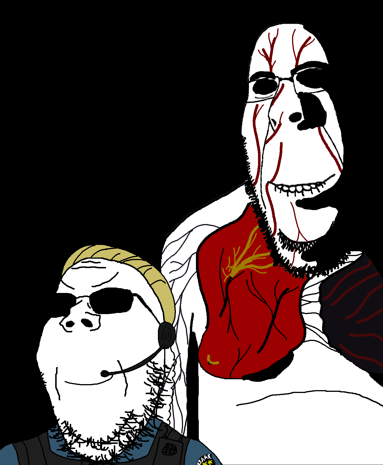 albert wesker, rapeson, cobson, gapejak, hornyson, rapeson, 2soyjaks, black background, blonde hair, closed mouth