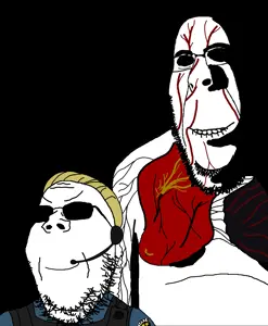 albert wesker, rapeson, cobson, gapejak, hornyson, rapeson, 2soyjaks, black background, blonde hair, closed mouth