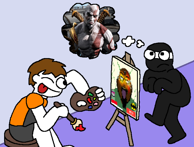 pineapple punch, dan, kratos, bvlljvk, natejak, 3soyjaks, almost full body, black eyes, black skin, blue background
