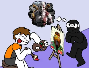 pineapple punch, dan, kratos, bvlljvk, natejak, 3soyjaks, almost full body, black eyes, black skin, blue background