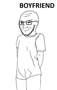 soyak, soyak (smug), soygirlfriend, 1soyjak, arm, bald, boyfriend, closed mouth, clothes, english text