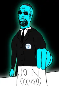bartender, glowie, 1soyjak, beard, black background, blue skin, closed mouth, clothes, curly hair, front view