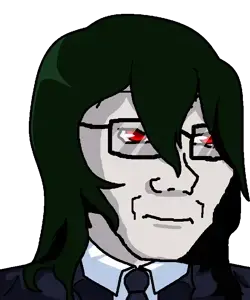 teru mikami, soyak, soyak (irritated), 1soyjak, anime, closed mouth, clothes, glasses, glowing, glowing eyes