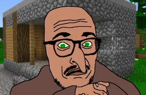 villager (minecraft), longnose, glasses, green eyes, hands, mustache, open mouth, soyjak, stubble, video game