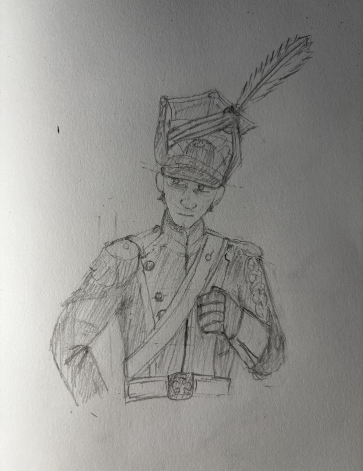 black hair, closed mouth, clothes, drawing, feather, france, front view, hair, half body, hat