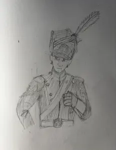 black hair, closed mouth, clothes, drawing, feather, france, front view, hair, half body, hat