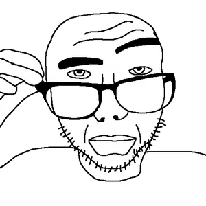 sobot, 1soyjak, bald, big lips, closed mouth, forehead wrinkles, front view, glasses, hand, hands