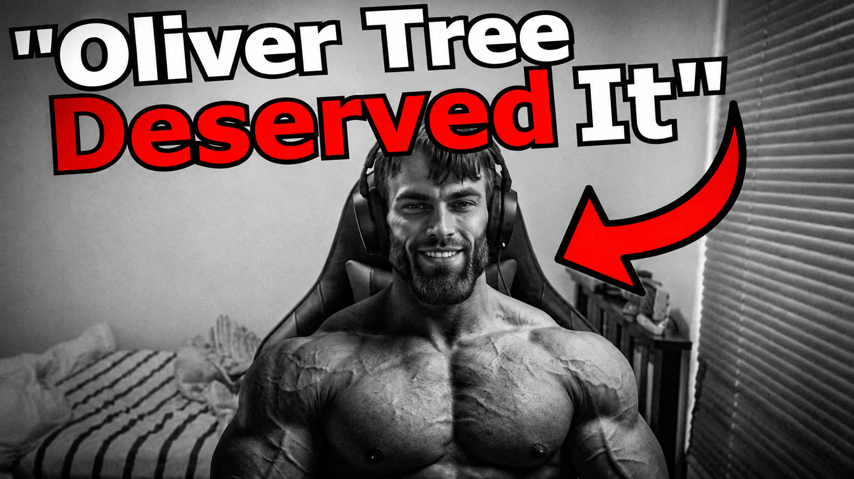 gigachad, deserved it, arrow, beard, bed, bedroom, black eyes, black hair, buff, english text