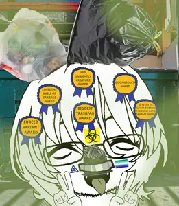 honse, anti honse, award, awards, biohazard, boylover symbol, closed eyes, duct tape, dumpster, eyebrows