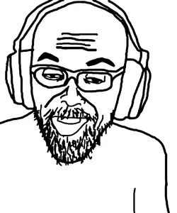 nerdson, 1soyjak, aliased, bald, beard, black eyes, forehead lines, front view, glasses, half closed eyes
