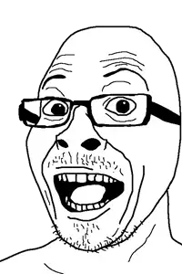 nathan, unknown, 1soyjak, bald, black eyes, eyebrows, glasses, happy, looking at you, open mouth