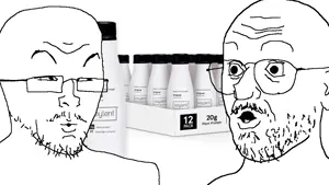 two soyjaks conversing, unknown, 2soyjaks, bald, drink, eyebrows, forehead lines, glasses, half open mouth, mustache